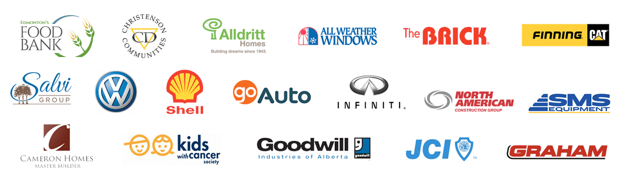 Averton Homes Cameron Homes Go Auto Outlet Nigro Manucci SML Christian Academy Goodwill Thermo King Western Wastewater Solutions Ltd. Finning Cat Kids with Cancer Society Salvi Homes Edmonton Food Bank Ingersoll Rand Edmonton Landmark Homes